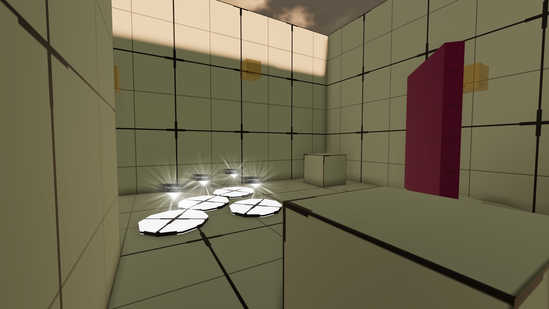 Picture shows the room in which players will enter before going into the dungeon. Each pad illustrates a given player entering the dungeon.
